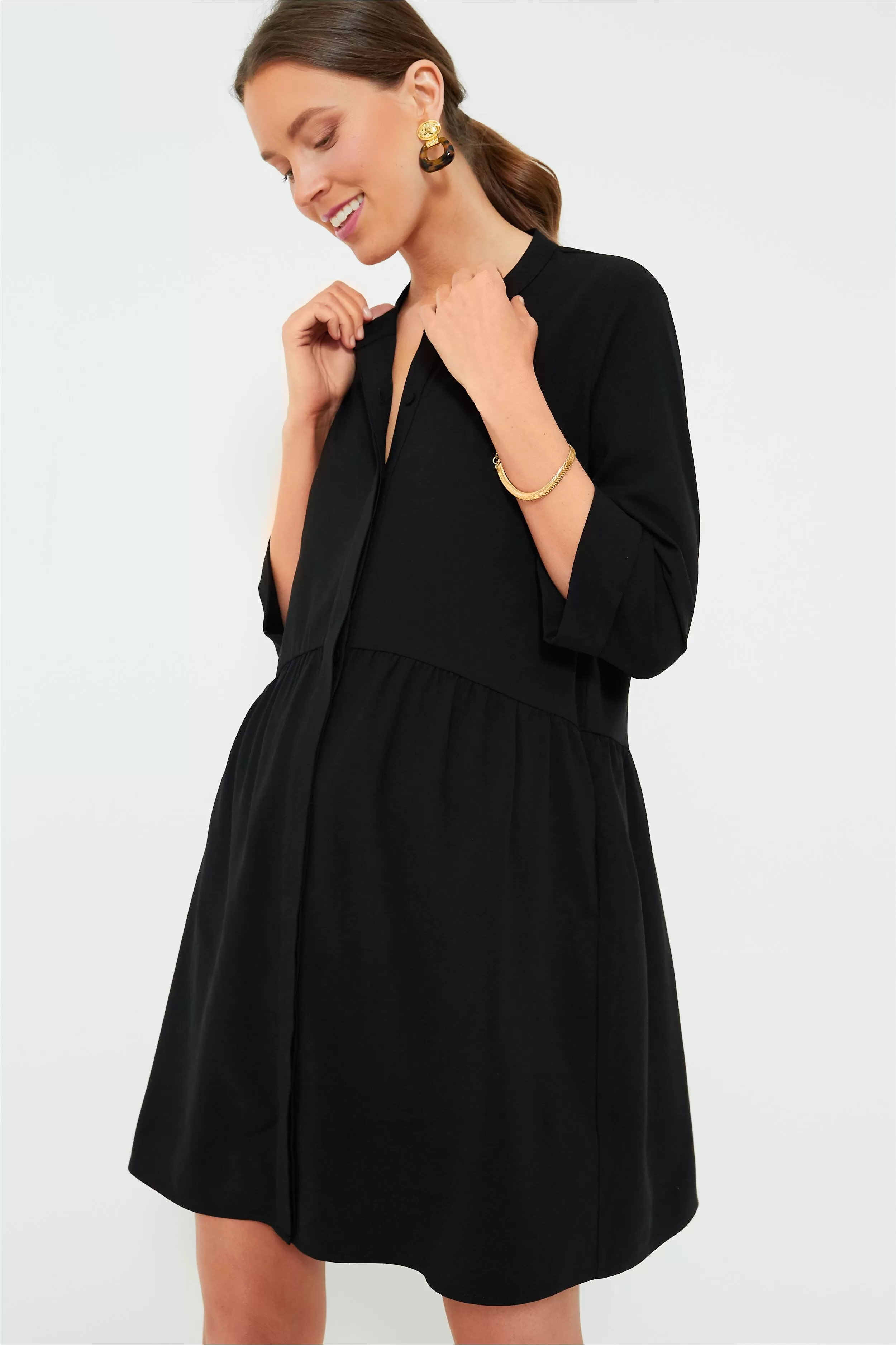 Black Stretch Crepe Royal Shirt Dress